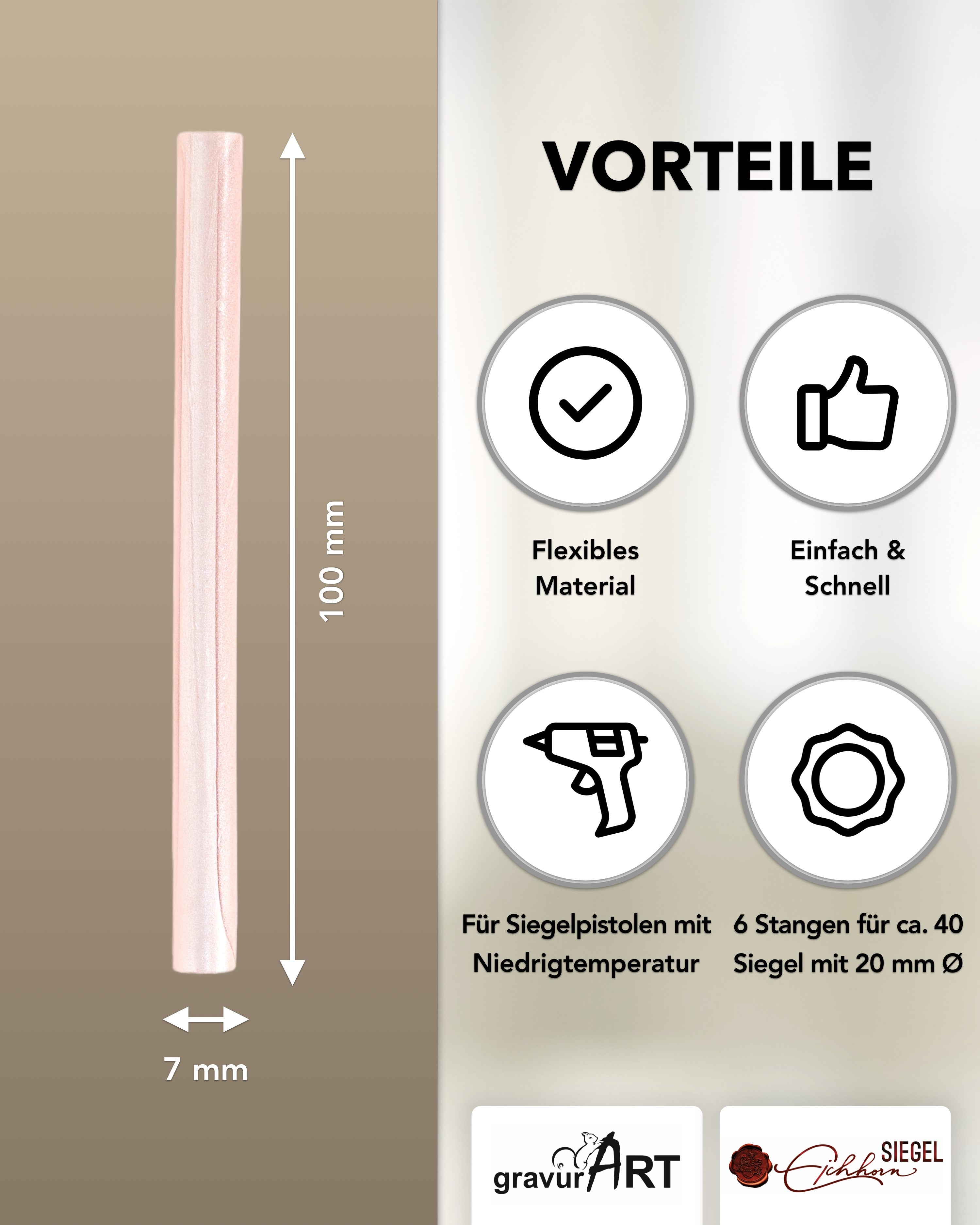 Siegelwachs für Wachspistole in Champagner, 7mm Durchmesser, 6er Pack - Siegelstempel personalisiert