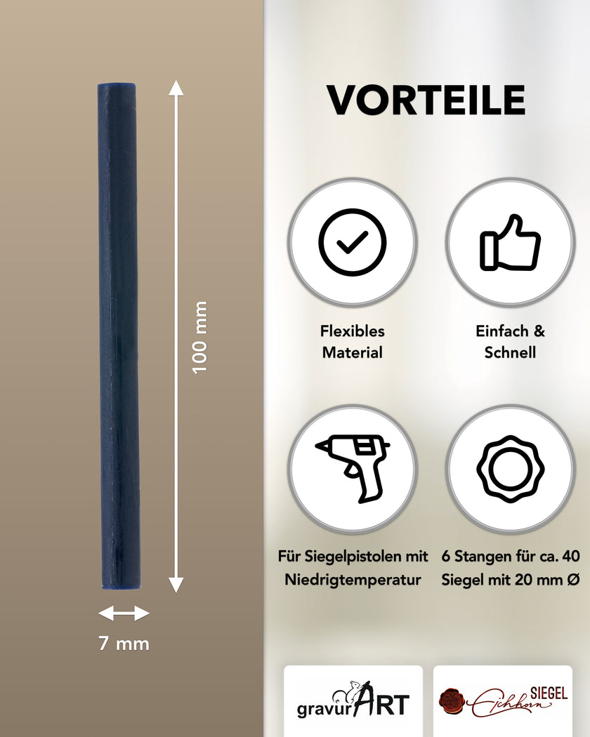 Siegelwachs für Wachspistole in Dunkelblau, 7mm Durchmesser, 6er Pack - Siegelstempel personalisiert