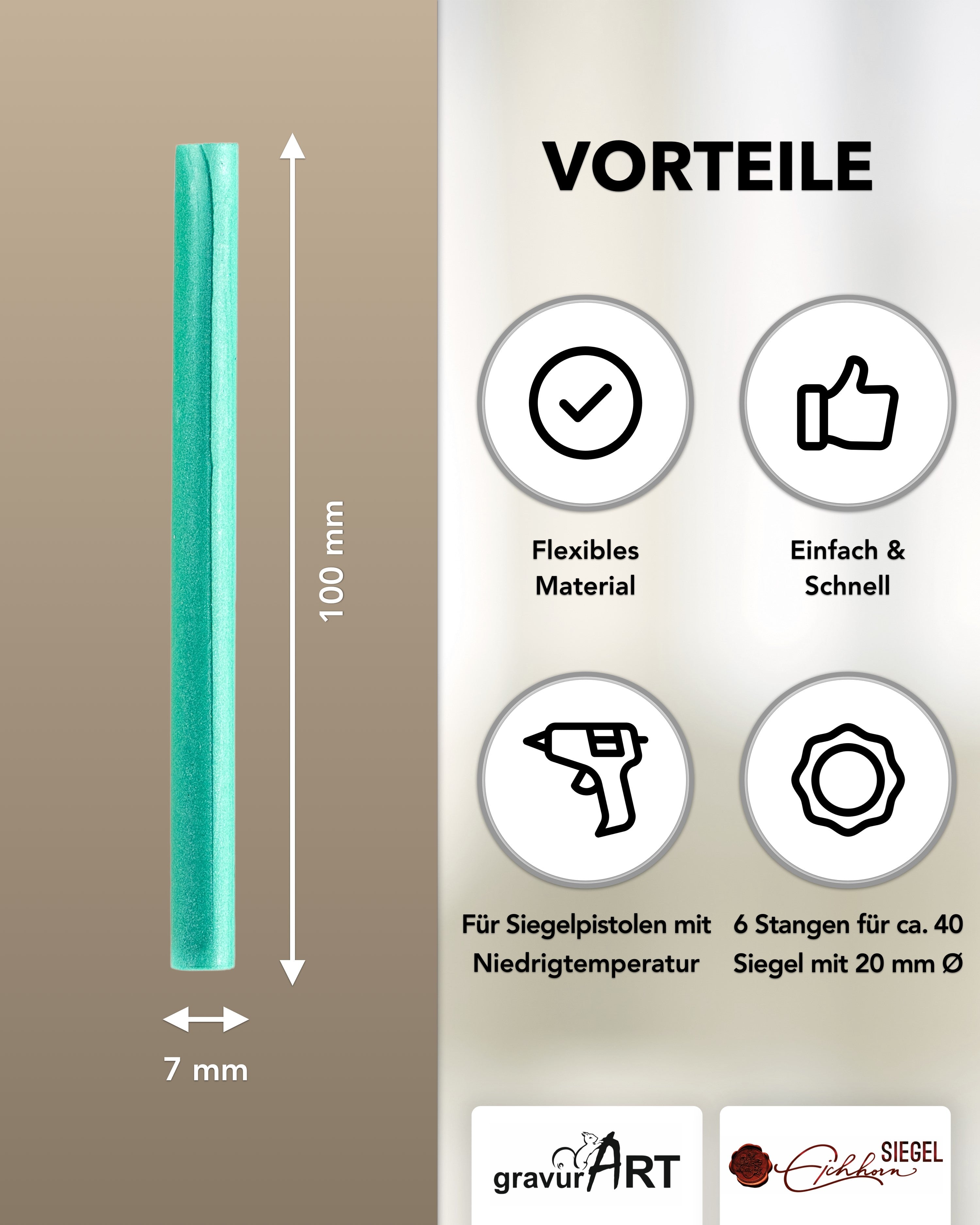 Siegelwachs für Wachspistole in Jade-Perl., 7mm Durchmesser, 6er Pack - Siegelstempel personalisiert