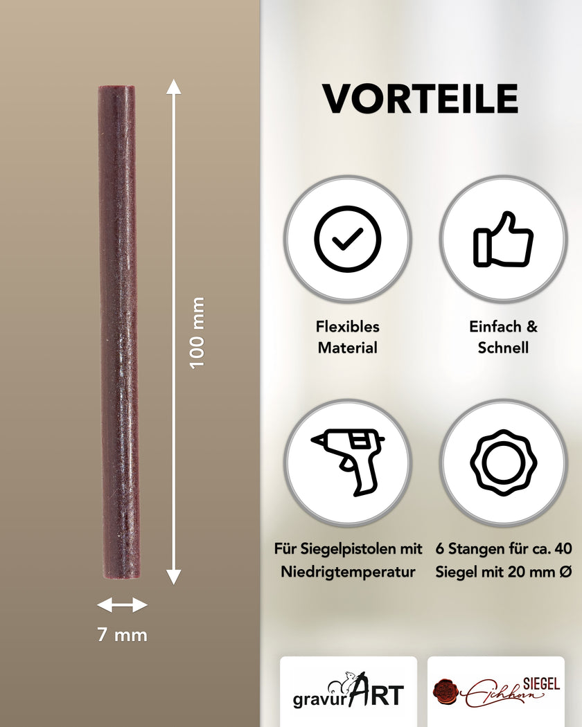 Siegelwachs für Wachspistole in Kastanie, 7mm Durchmesser, 6er Pack - Siegelstempel personalisiert