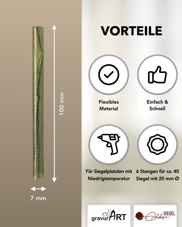 Siegelwachs für Wachspistole in Olive-Perl., 7mm Durchmesser, 6er Pack - Siegelstempel personalisiert