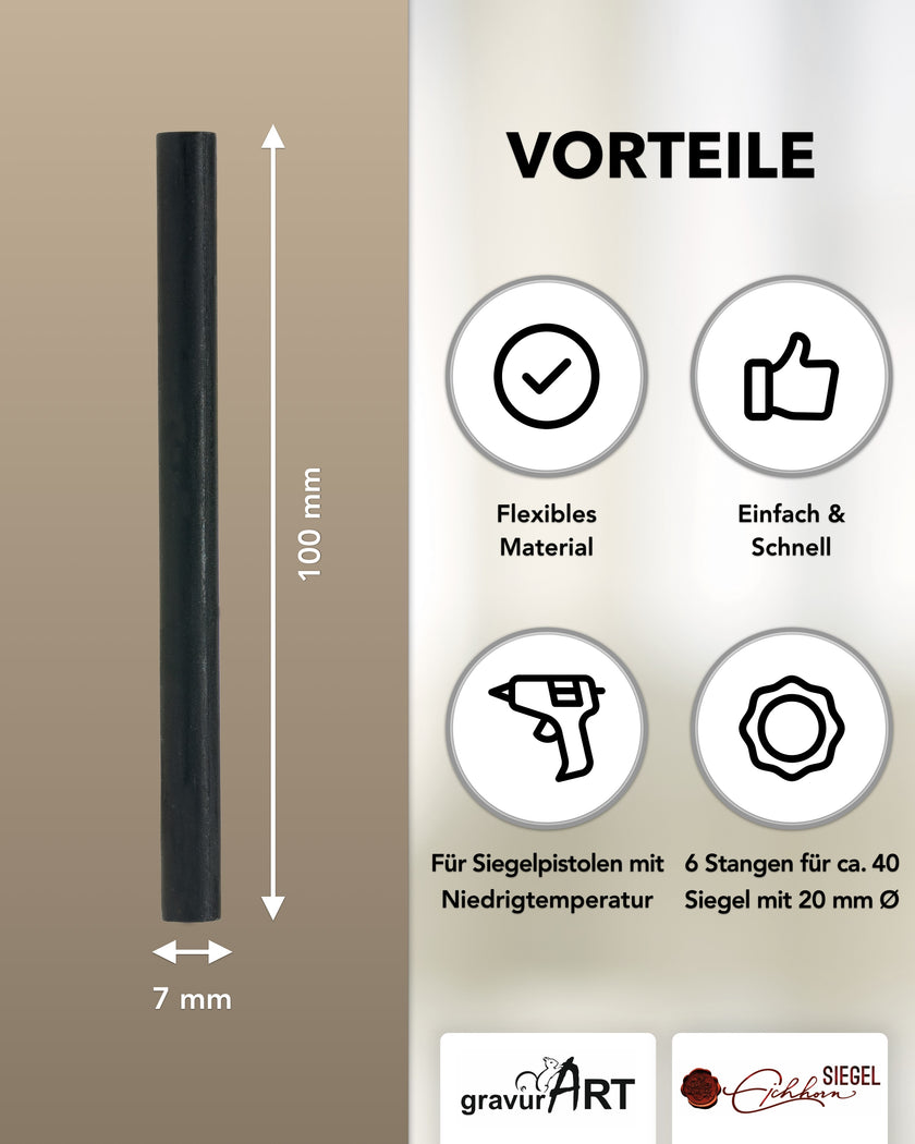 Siegelwachs für Wachspistole in Schwarz, 7mm Durchmesser, 6er Pack - Siegelstempel personalisiert