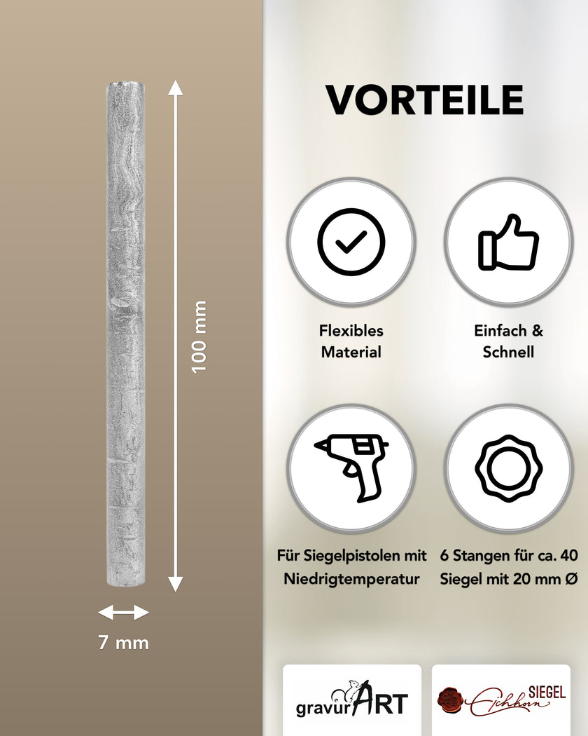 Siegelwachs für Wachspistole in Silber, 7mm Durchmesser, 6er Pack - Siegelstempel personalisiert