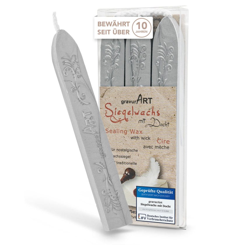Premium Siegelwachs mit Docht, 3er Pack in Silber - Siegelstempel personalisiert