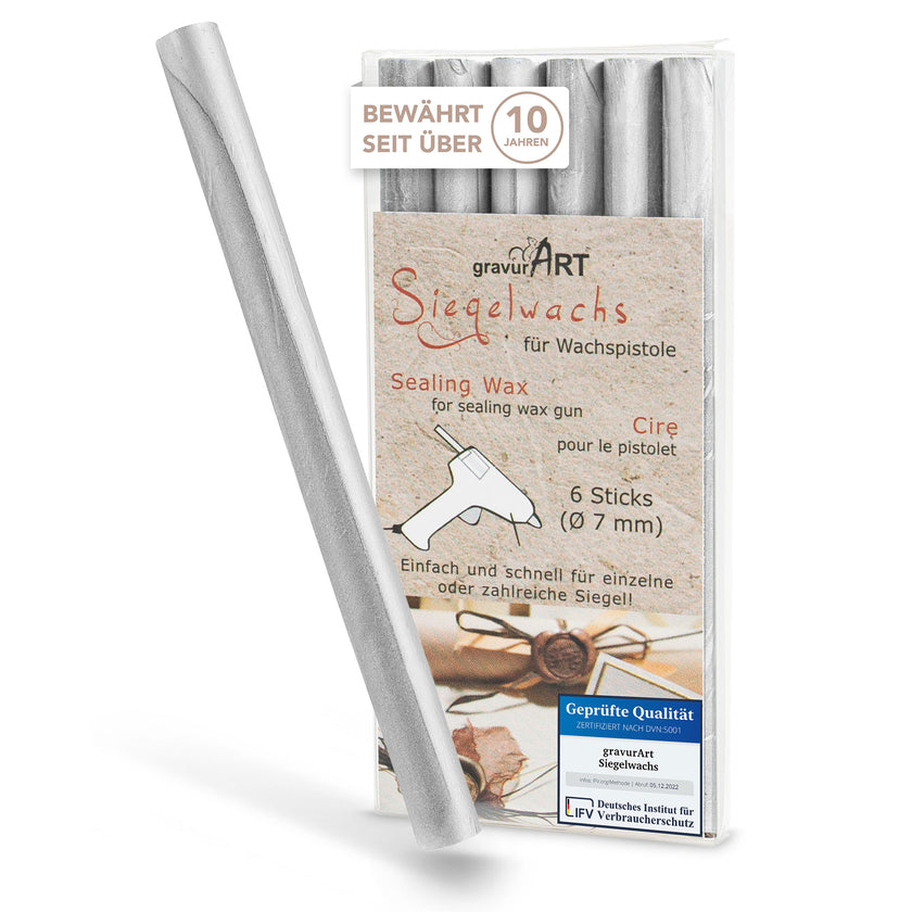 Siegelwachs für Wachspistole in Silber, 7mm Durchmesser, 6er Pack - Siegelstempel personalisiert