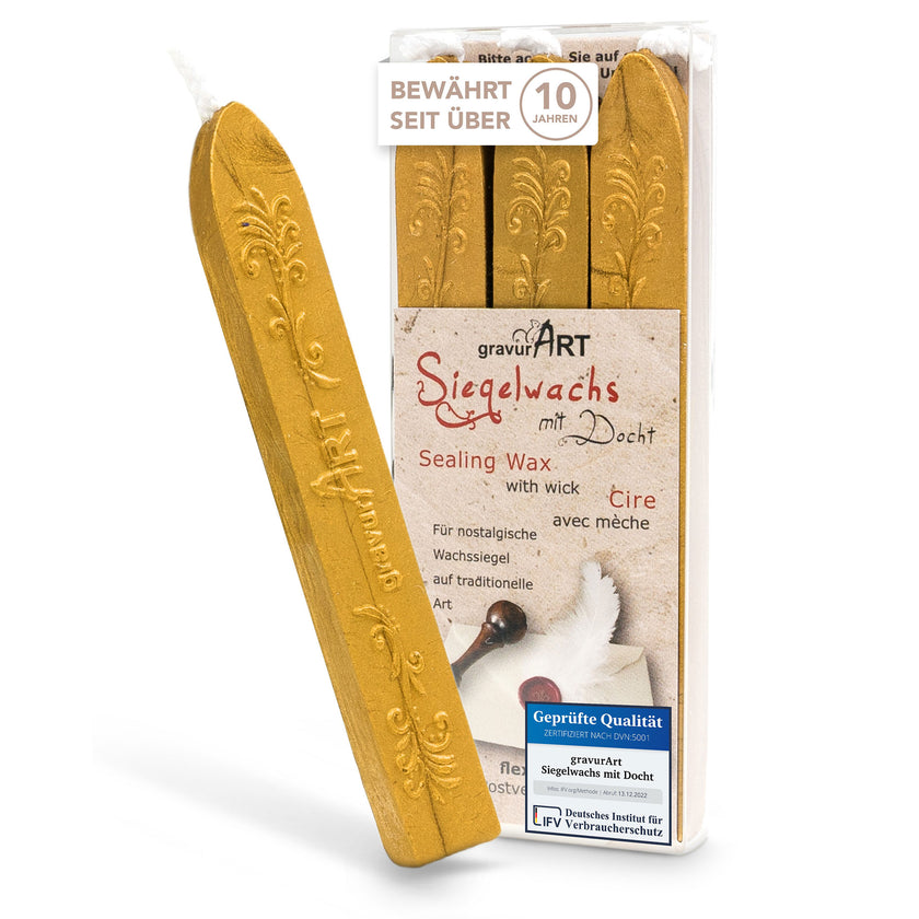 Premium Siegelwachs mit Docht, 3er Pack in Sonnengold - Siegelstempel personalisiert