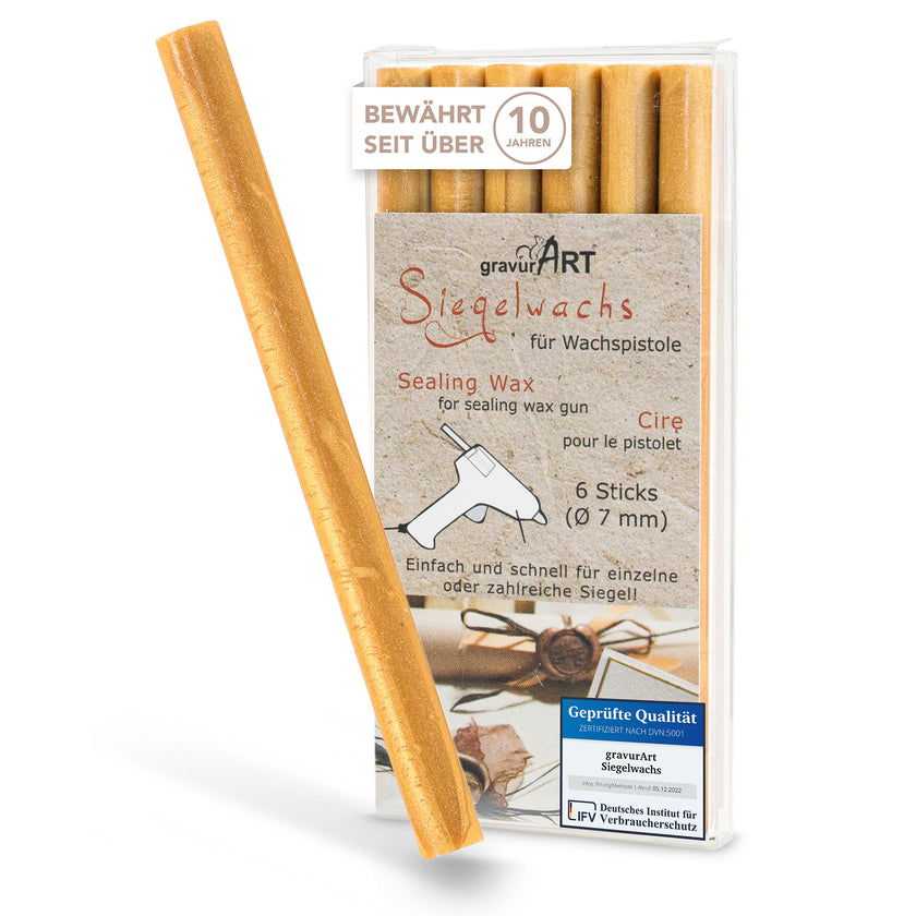 Siegelwachs für Wachspistole in Sonnengold, 7mm Durchmesser, 6er Pack - Siegelstempel personalisiert