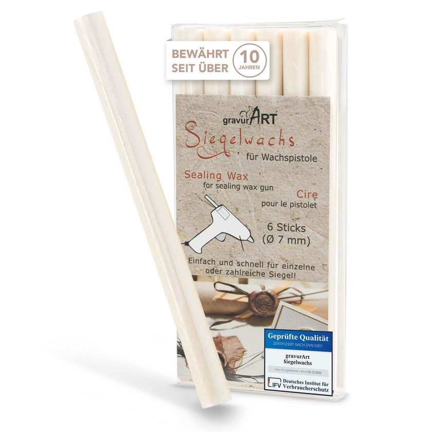 Siegelwachs für Wachspistole in Weiß-Perl., 7mm Durchmesser, 6er Pack - Siegelstempel personalisiert