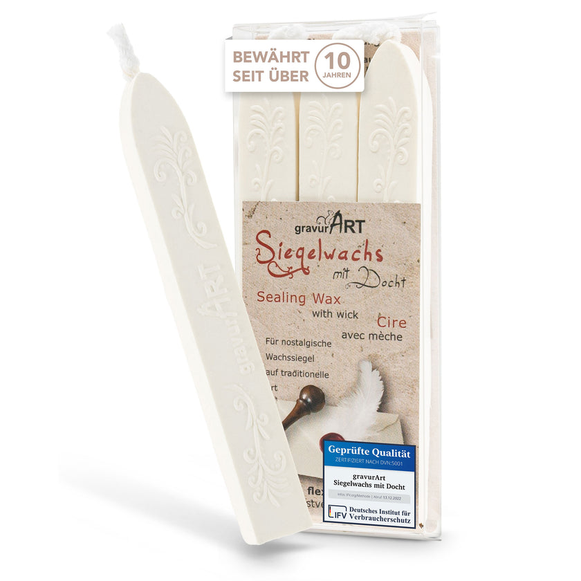 Premium Siegelwachs mit Docht, 3er Pack in Weiß - Siegelstempel personalisiert