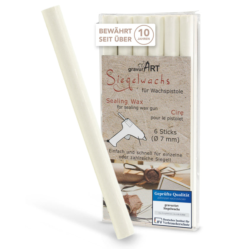 Siegelwachs für Wachspistole in Weiß, 7mm Durchmesser, 6er Pack - Siegelstempel personalisiert